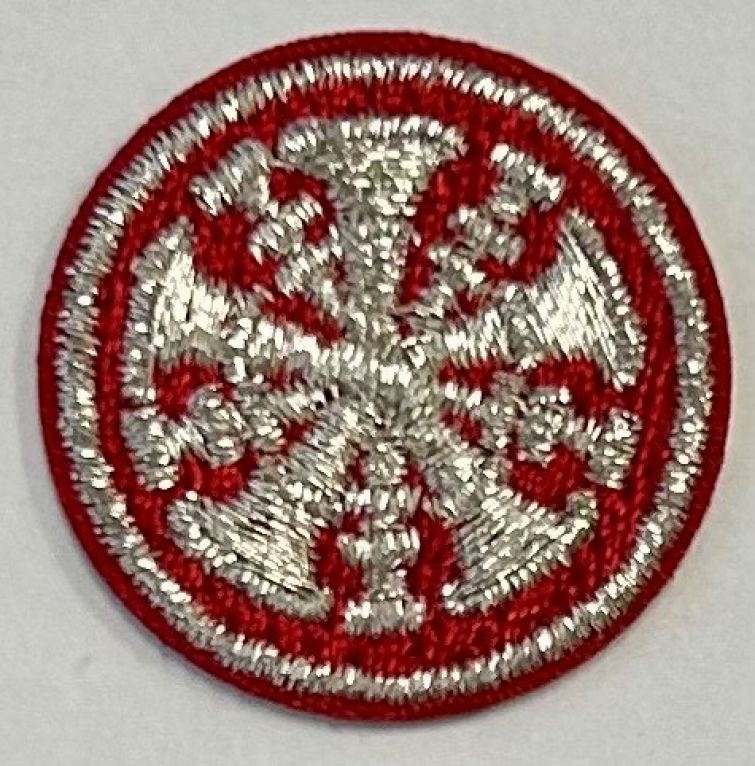 FIRE FIGHTER 5 BUGLES CROSSED, 1" CIRCLE - METALLIC SILVER ON RED - SEW ON.